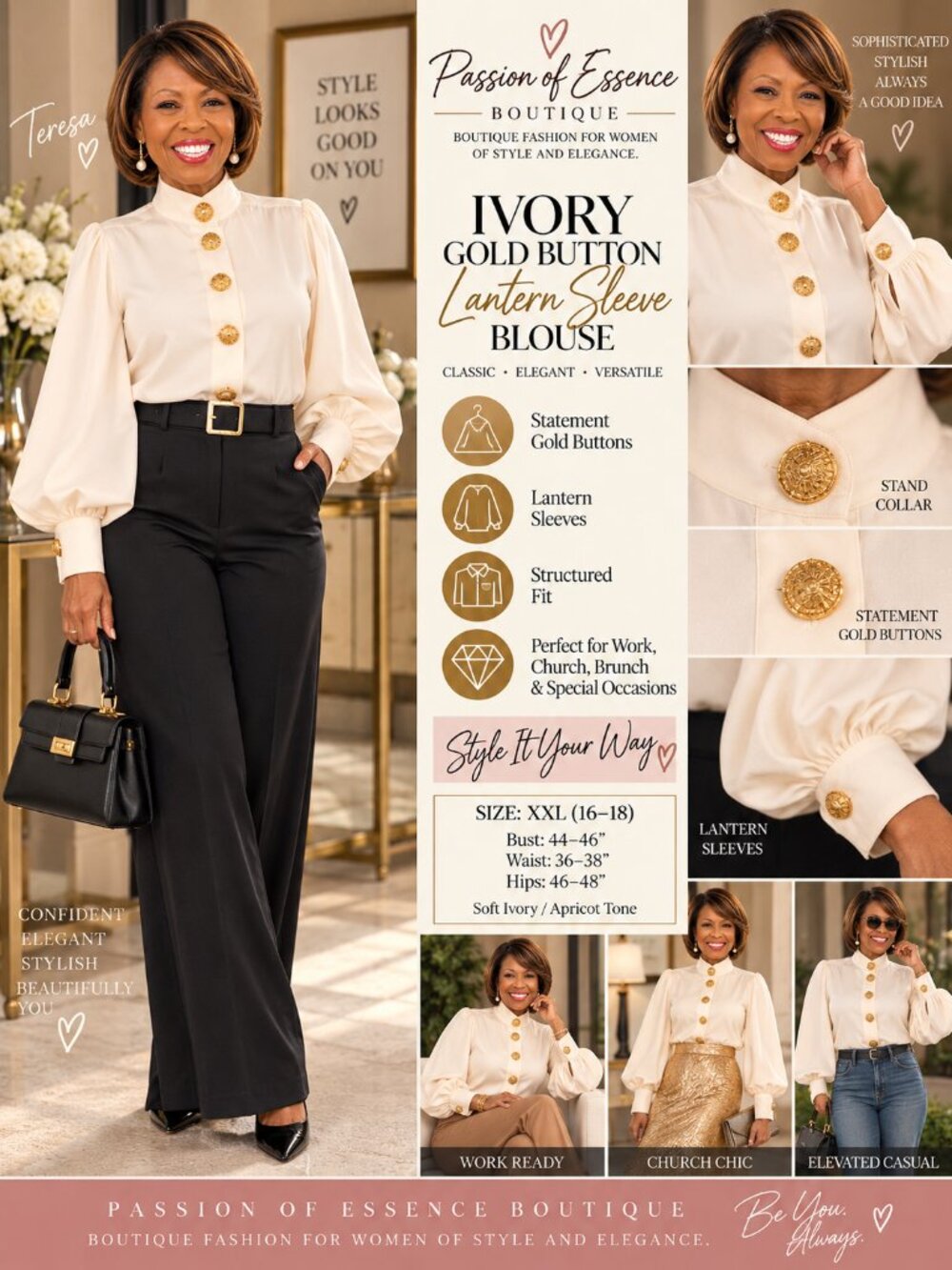 Ivory Gold Button Lantern Sleeve Statement Blouse XXL